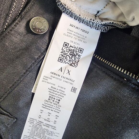 Armani Exchange J01 Mid-Rise Super Skinny Black Coated Jeans, Size 26 - Picture 12 of 12